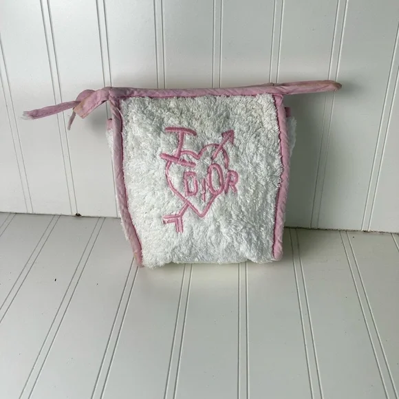 White Fluffy “I love Dior” White and Pink Dior Nylon TerryClothed Cosmetic Bag
